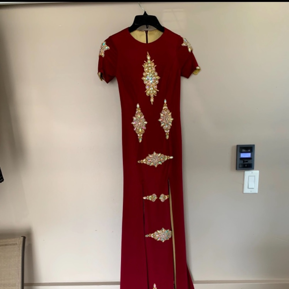 Long red prom dress with bling and two slits